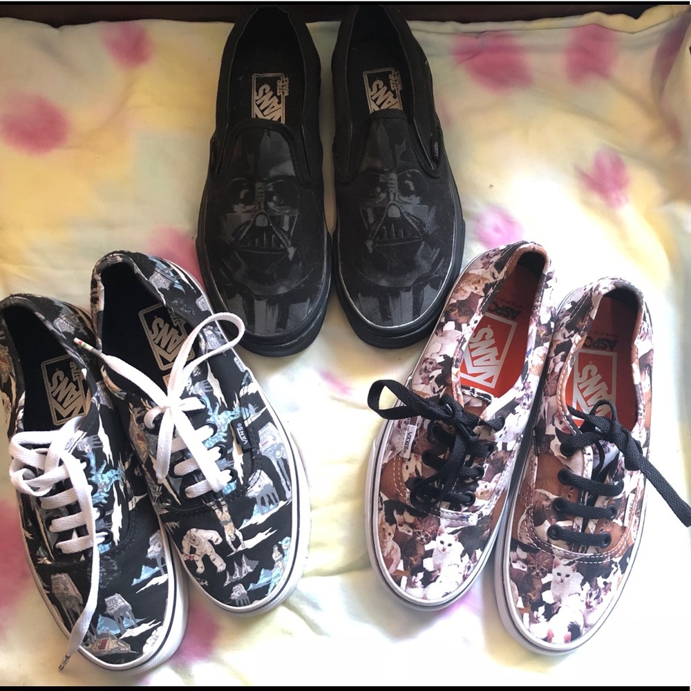 3 pairs of Women’s size 7 Vans. Star Wars and Cats